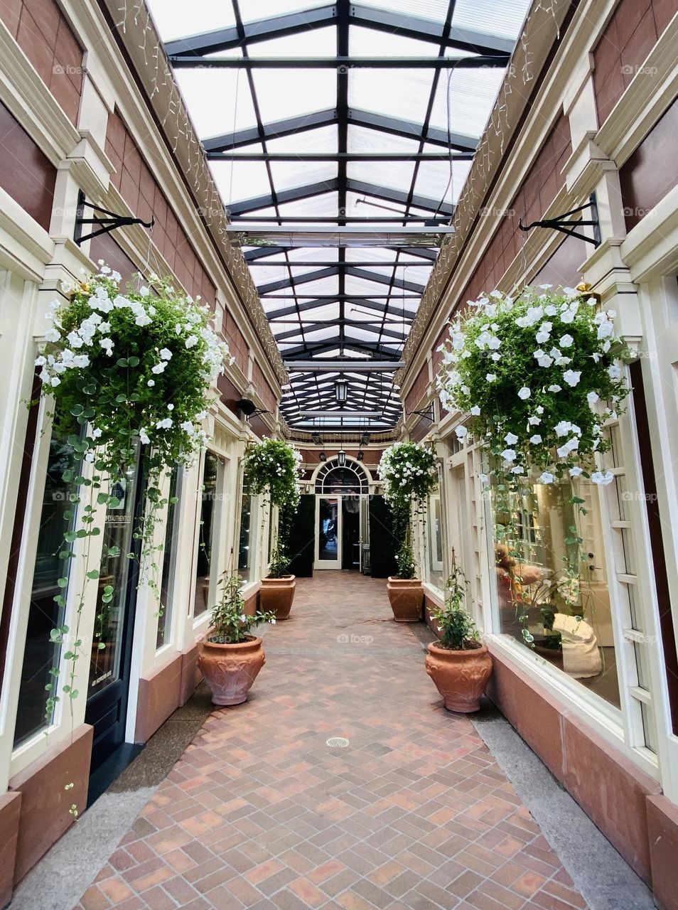 Beautiful architecture open ceiling with hanging flowers 