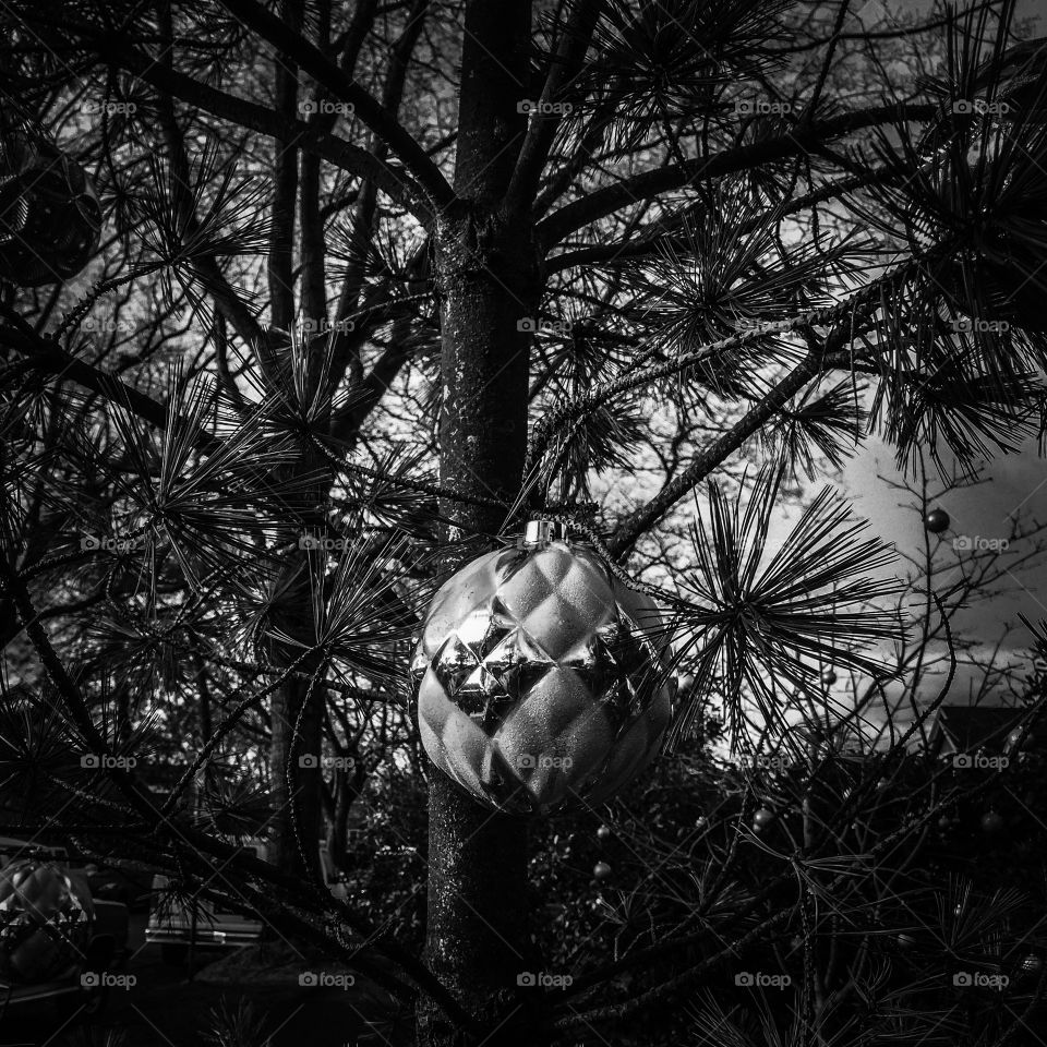 Christmas bauble in black and white pinhole