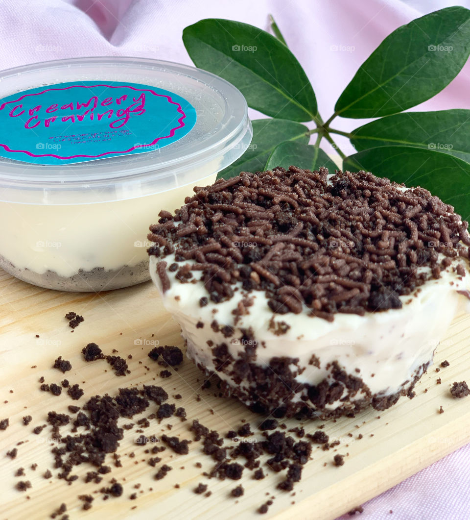 No baked Oreo cheesecake in a natural open concept  kitchen setting 