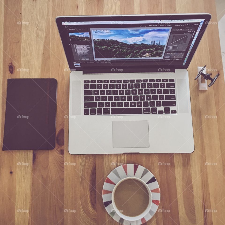 Work space with laptop coffee and notebook 