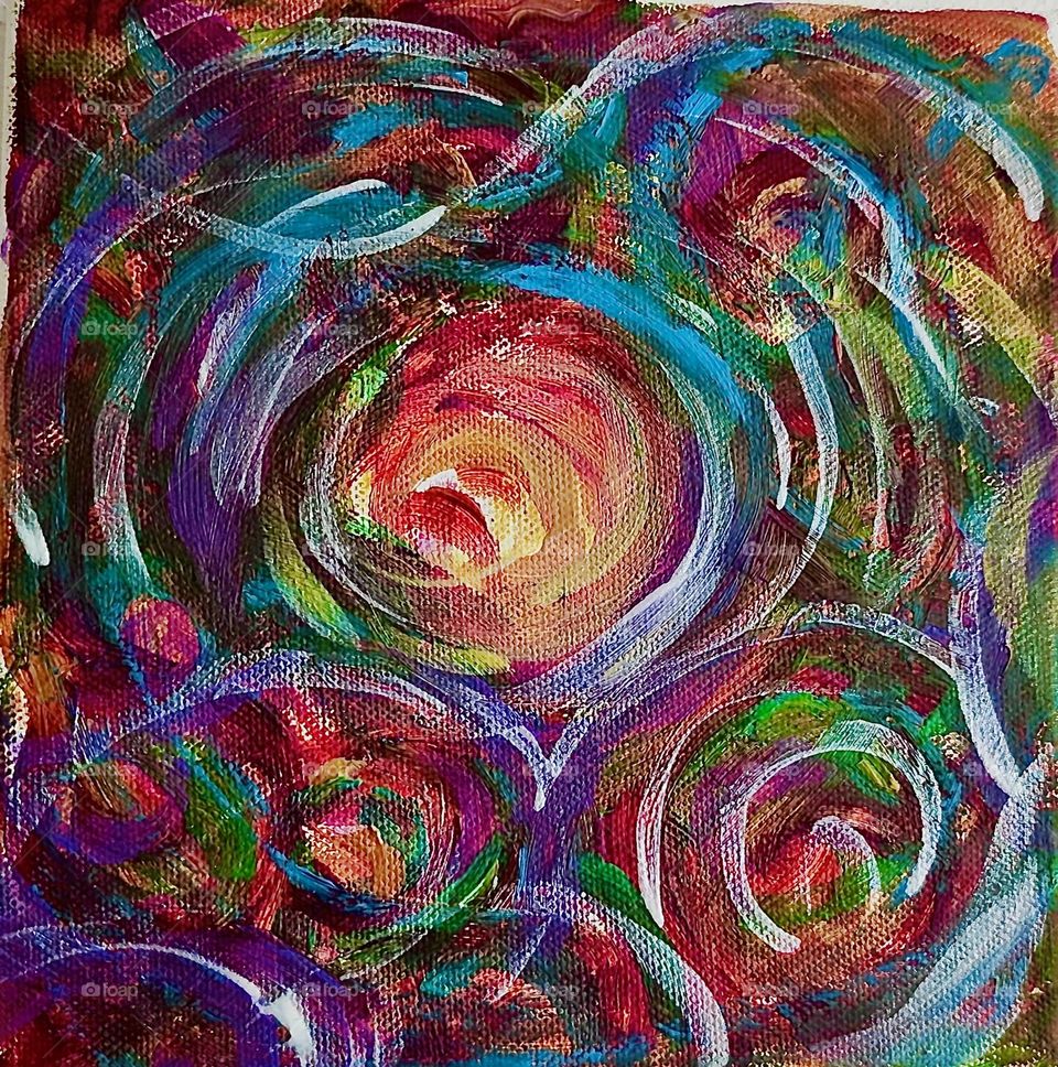 This beautiful acrylic painting came into existence in „Bavaria“, Germany. The swirling shapes with a glowing orange in the middle remind of the sun when it makes its way behind the horizon and the night is about to begin. 2023. Hypnotic Productions