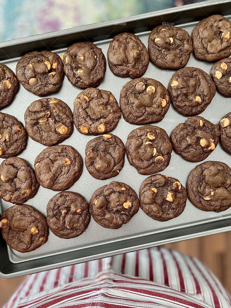 Woman holding tray of cookies, cookies on a baking sheet, making cocoa caramel cookies, delicious and decadent cookies, cookies made with love 