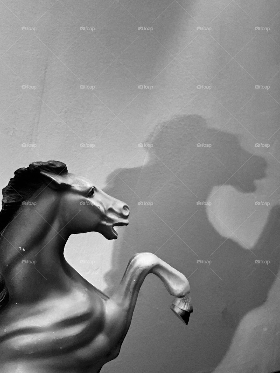 A black and white still life of a figurine horse and it’s shadow 