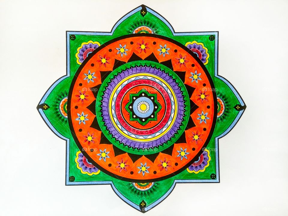 Coloring Mandala for meditation in orange green yellow purple green blue black white
