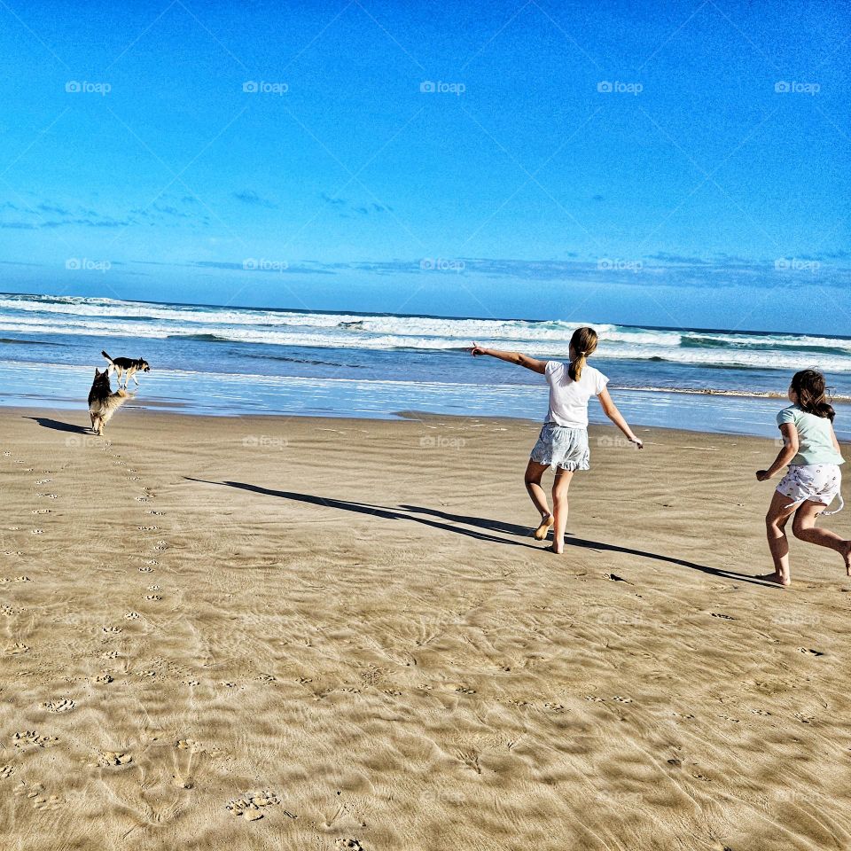 Two sisters playing on the beach with their dog. beautiful sunny day with blue sky