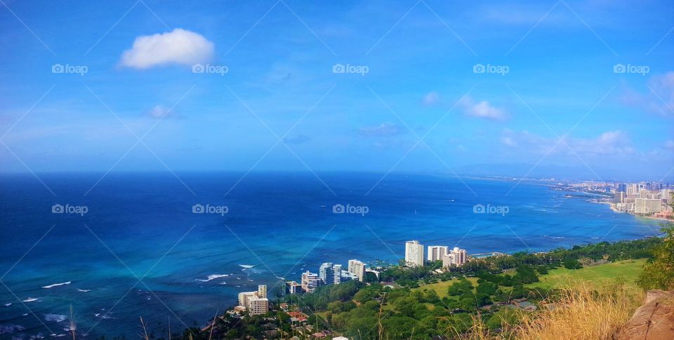 First person view overlooking the horizon from the top of the Diamond Head Volcanic crater Honolulu Hawaii