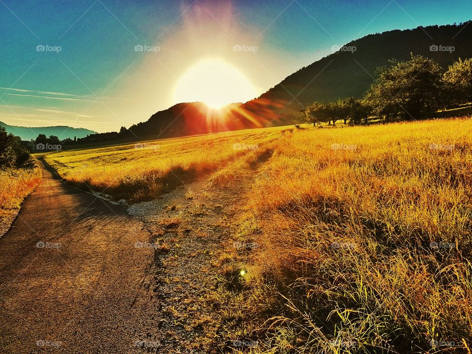 Sunrise over mountain and agriculture field