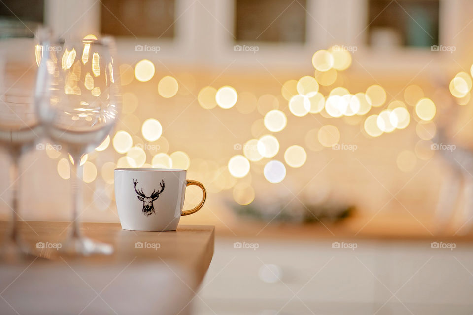 cup of coffee in a cozy festive Christmas atmosphere