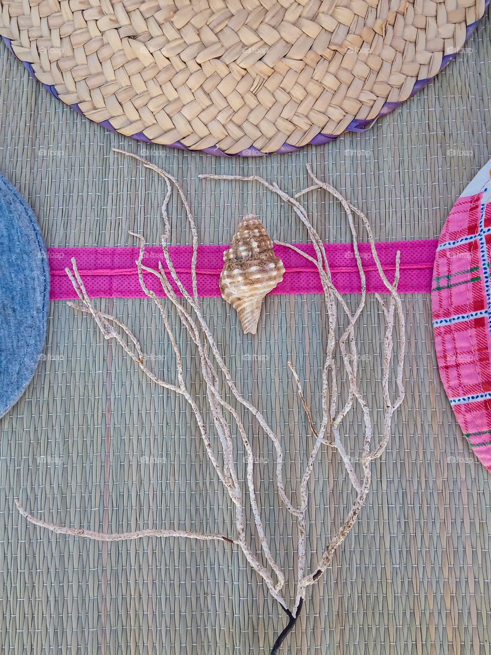 three hats with seashell in the center