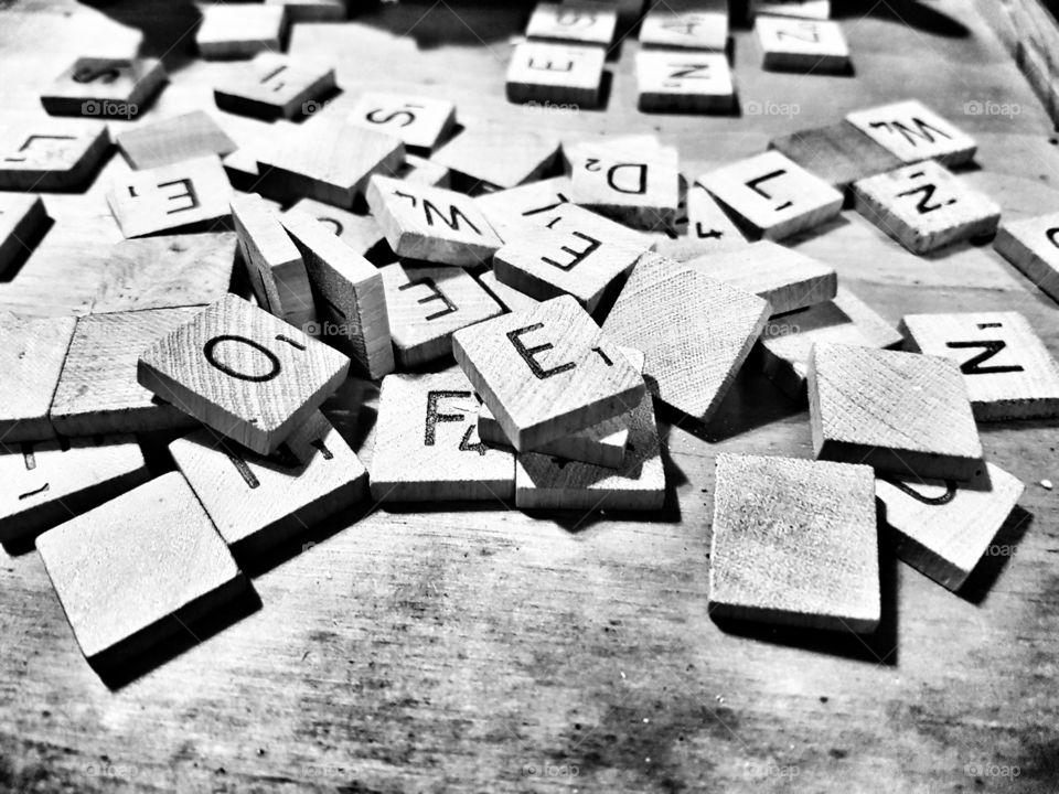 monochrome wooden scrabble