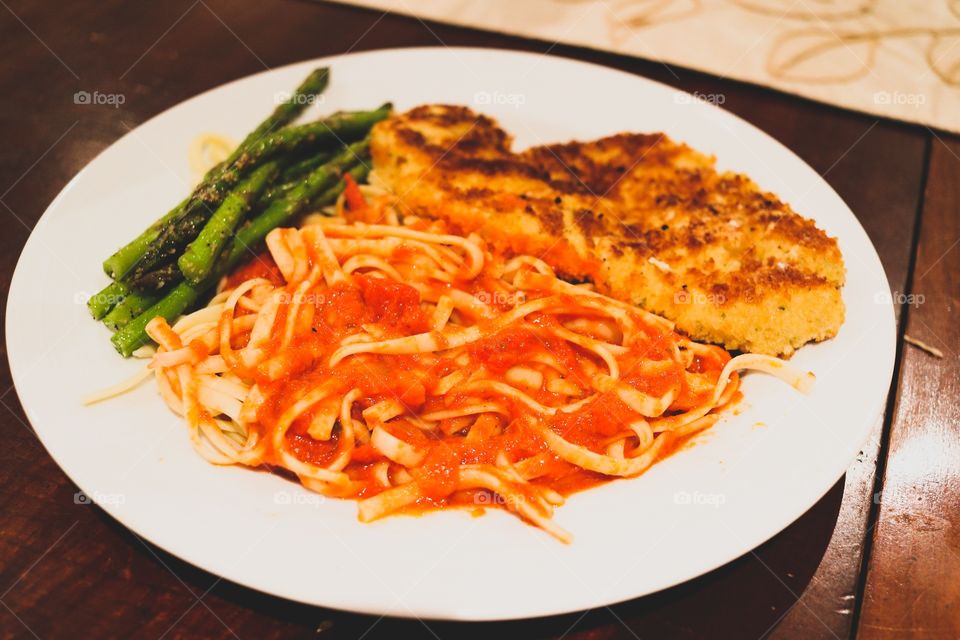 pasta, chicken cutlet baked using Kikkoman bread crumbs and asparagus with garlic and oil