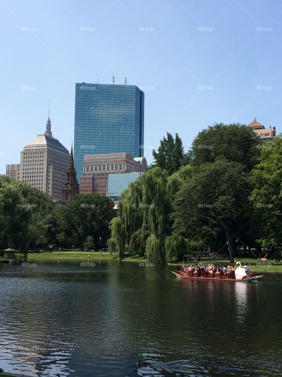 Boston Public Gardens. Summer in Boston at the Public Gardens with Swan Boats and Skyline