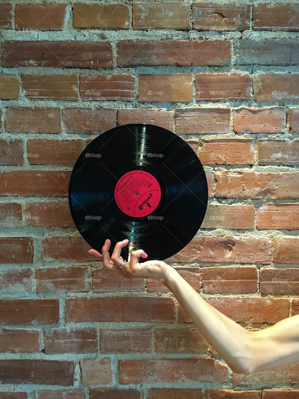 a woman hand holding black vinyl in front of a brick wall