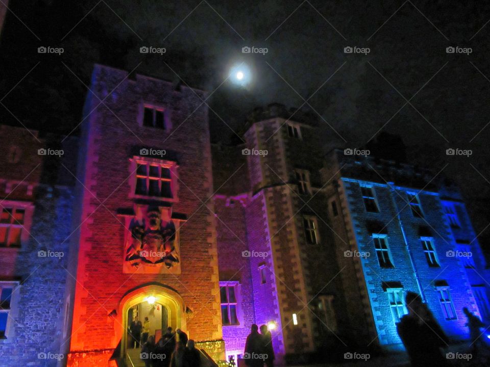 Dunster castle lit up at night with the moon shining above it