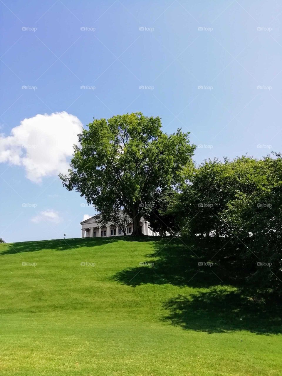 White house surrounded by trees and overlooking the green lawn