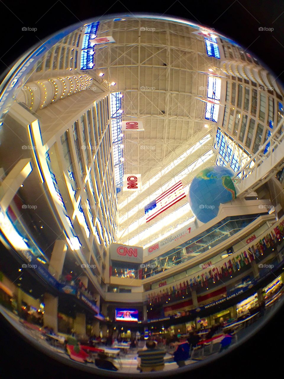 Fisheye lens view of CNN atrium Headquarters in Atlanta, Georgia. 