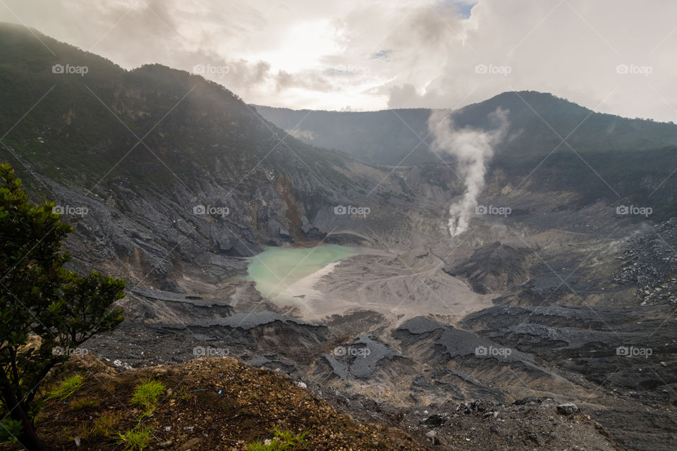 Tangkuban parahu mountain, an active volcano. last erupted in July 2019. Lembang, Bandung, West Java, Indonesia.