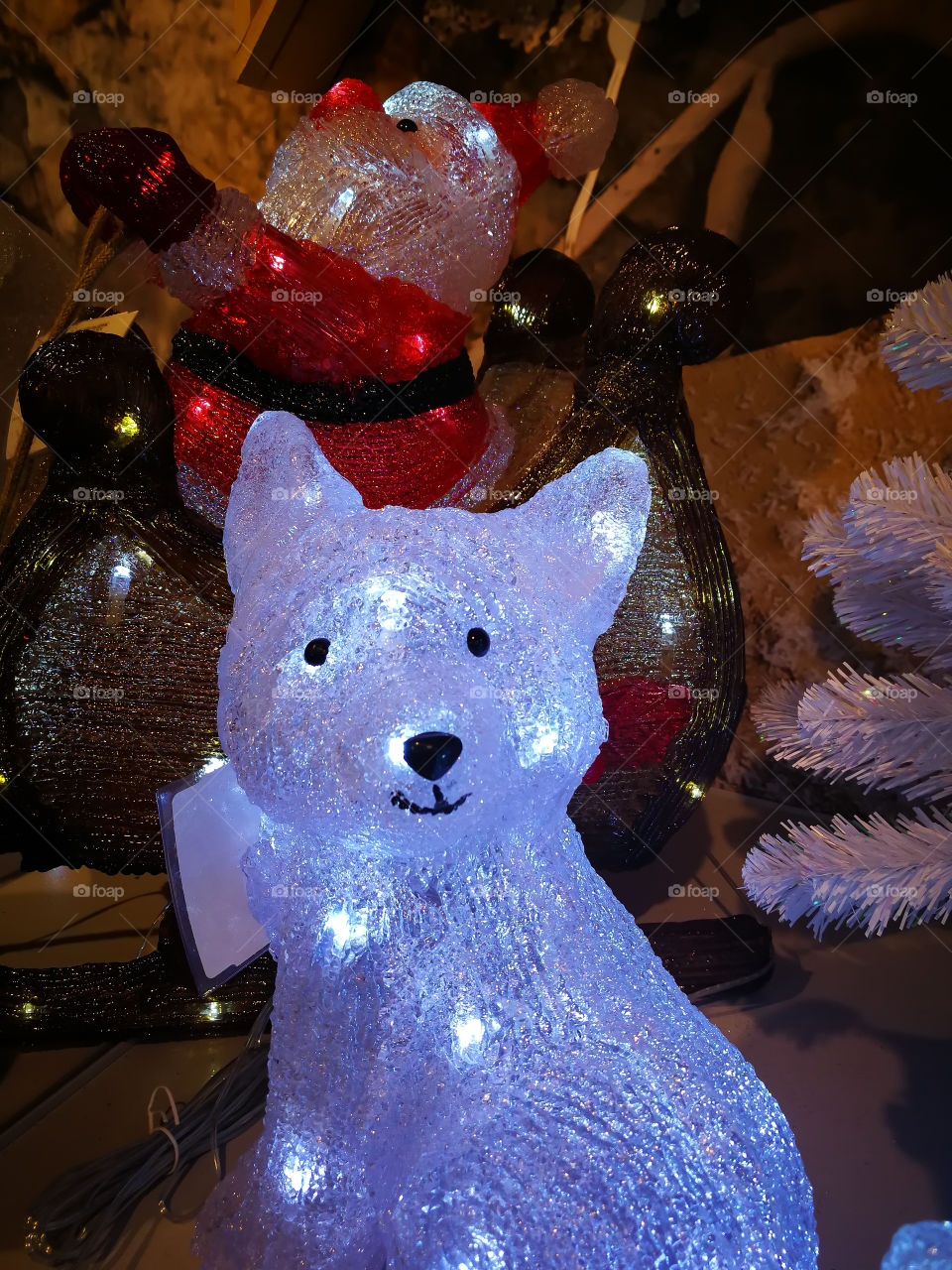 Christmas decoration. Lamp in the form of a dog and Santa Claus.