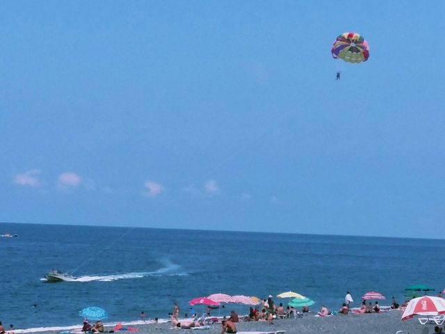 One beautiful day on a beach. It was very nice and sunny day. I was watching ppl and parasailing.