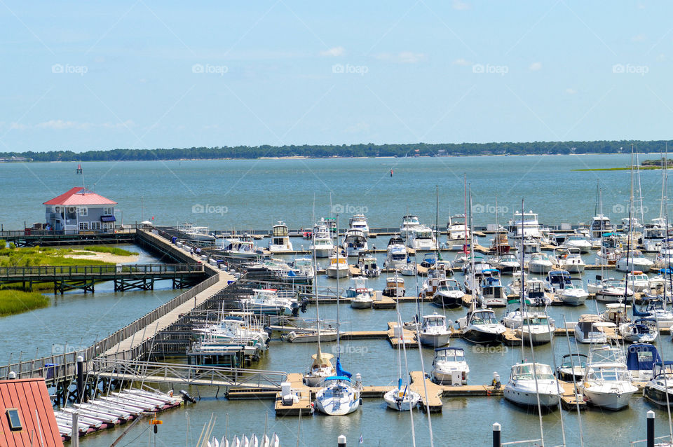 Many sailboats docked in a harbor in the Atlantic ocean