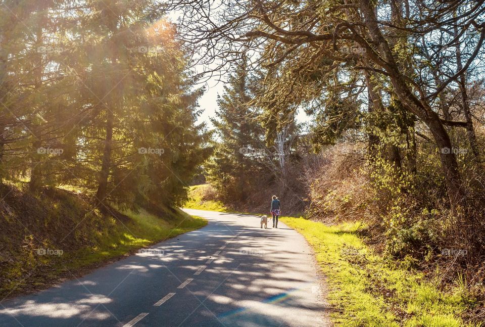 Girl walking dog on shady trail
