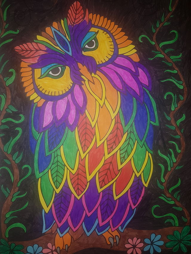 Colored fantasy owl, art.