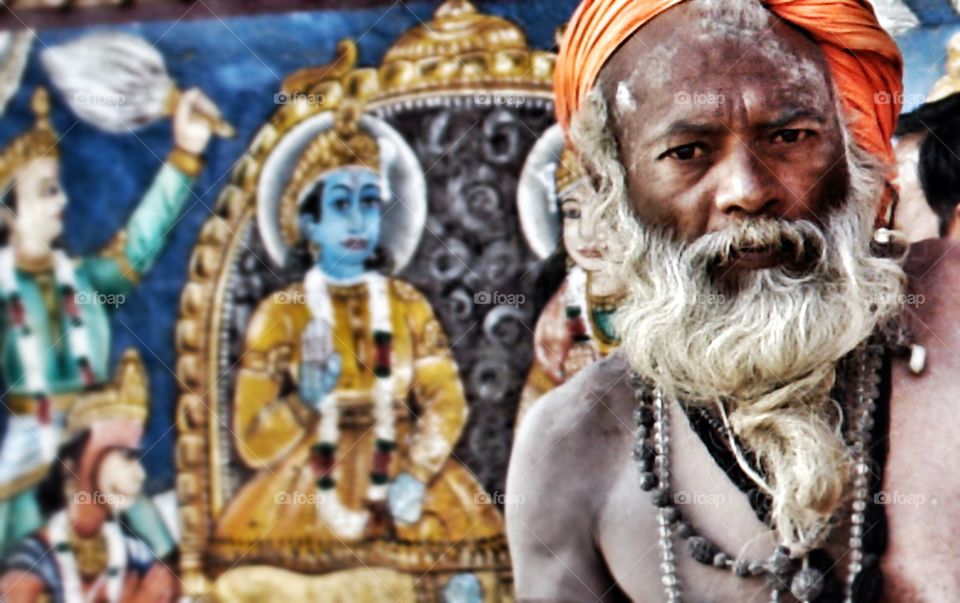 Indian man looking into camera, Varanasi . Indian man looking into camera 
