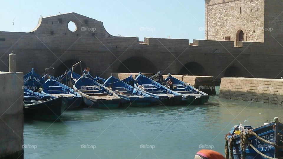 Flock of blue boats in the harbour at essaouira city.