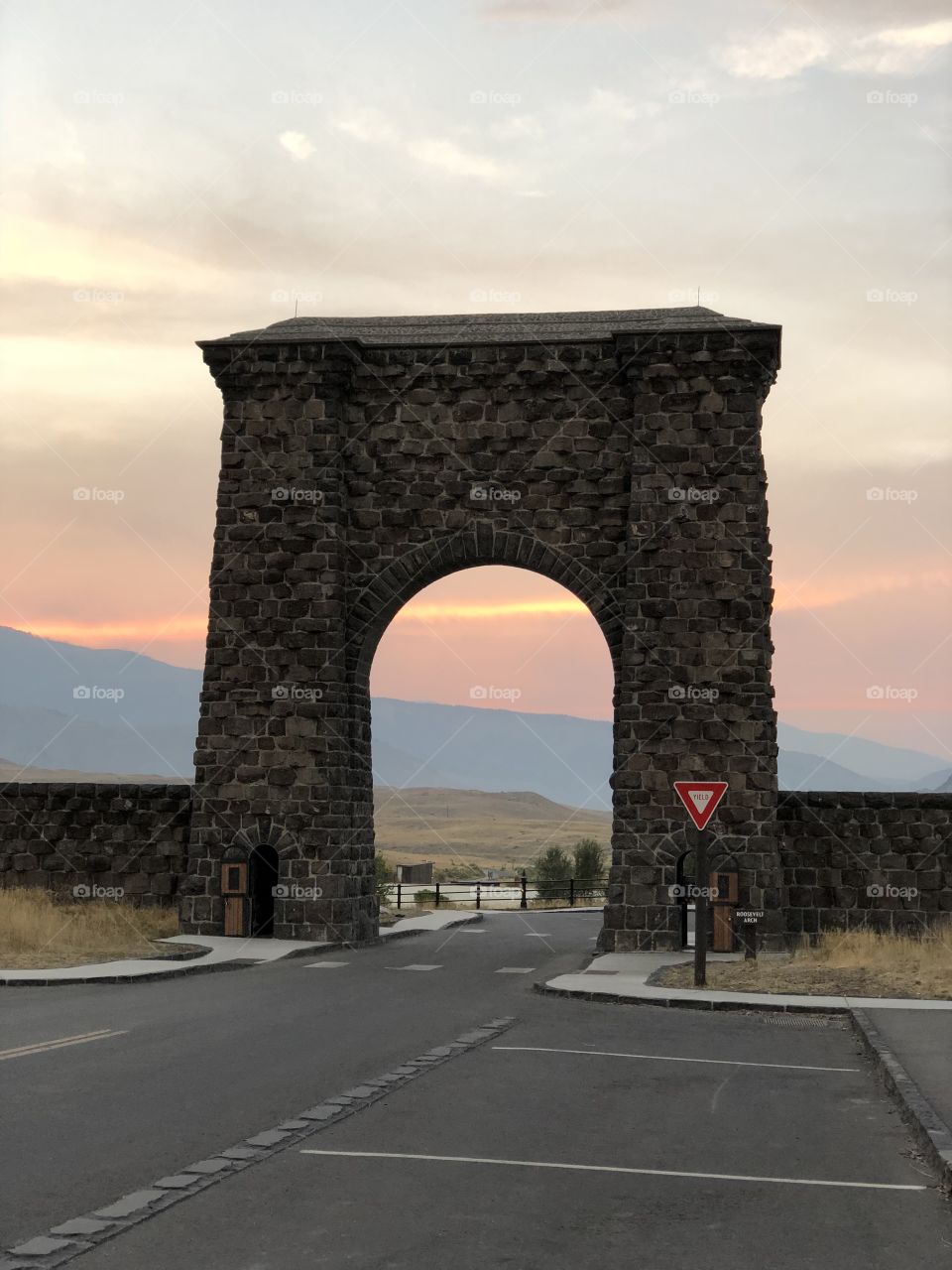 Sunset at Roosevelt Arch, Gateway to Yellowstone National Park