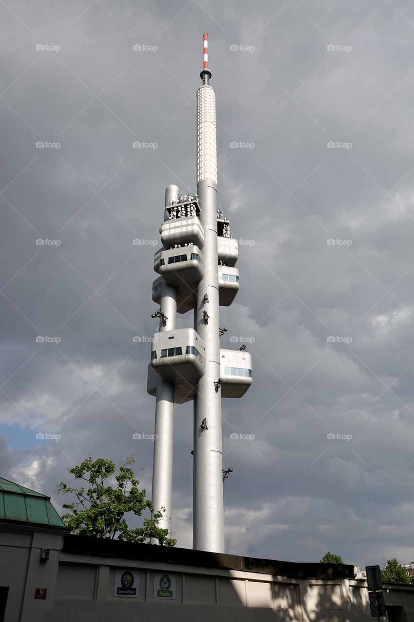 The famous Zizkov Television Tower, unique transmitter tower built in Prague between 1985 and 1992. 