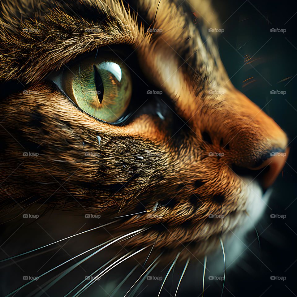 close up of a cat face with round eyes, in the style of vray tracing, photo-realistic techniques