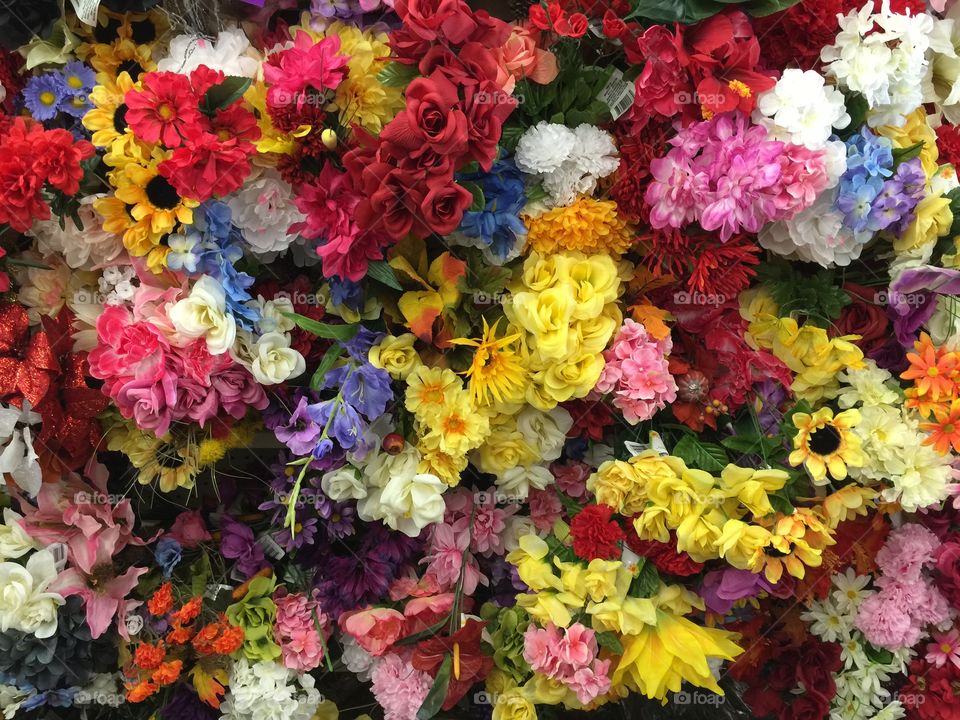 Wall display of artificial flowers