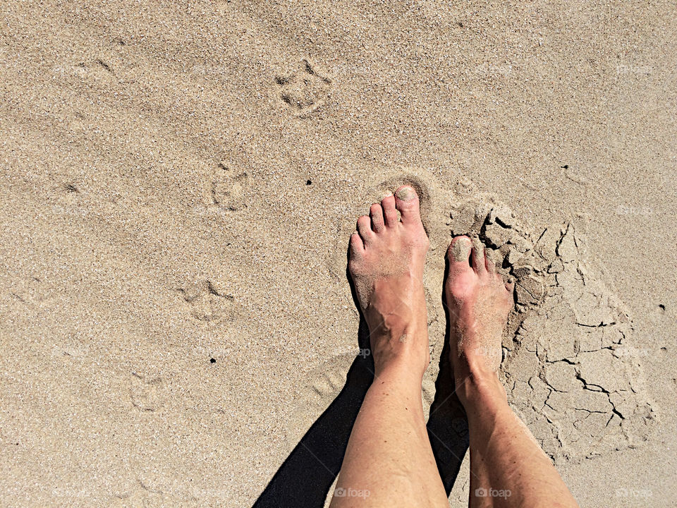 Barefoot in the sand with seagull footprints next to my feet