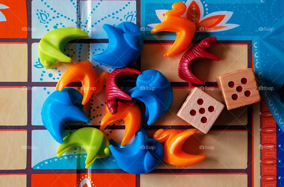 Parcheesi pawns, colorful animal pawns, plastic animals, dice and pawns, playing Parcheesi, games at home, board games with children