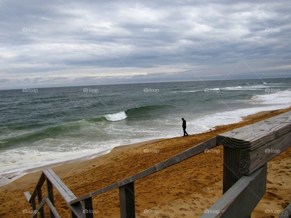 New York, Long Island, East Hampton, Beach, Water, Panoramic View, Sky, Sand, Wind, Shore, Person Walking, 