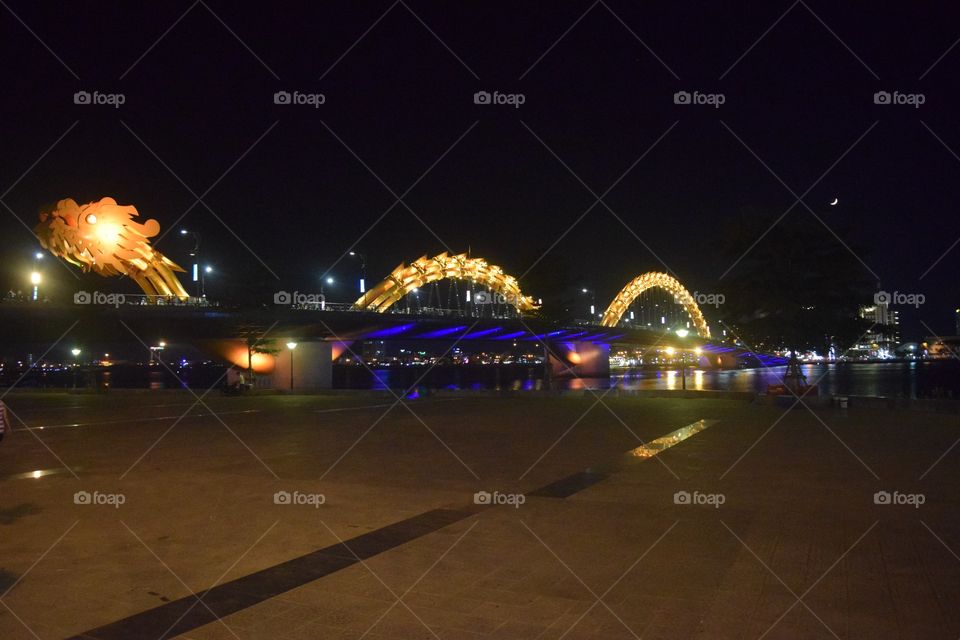 Dragon Bridge at night . The amazing Dragon Bridge of Da Nang (Vietnam) 
