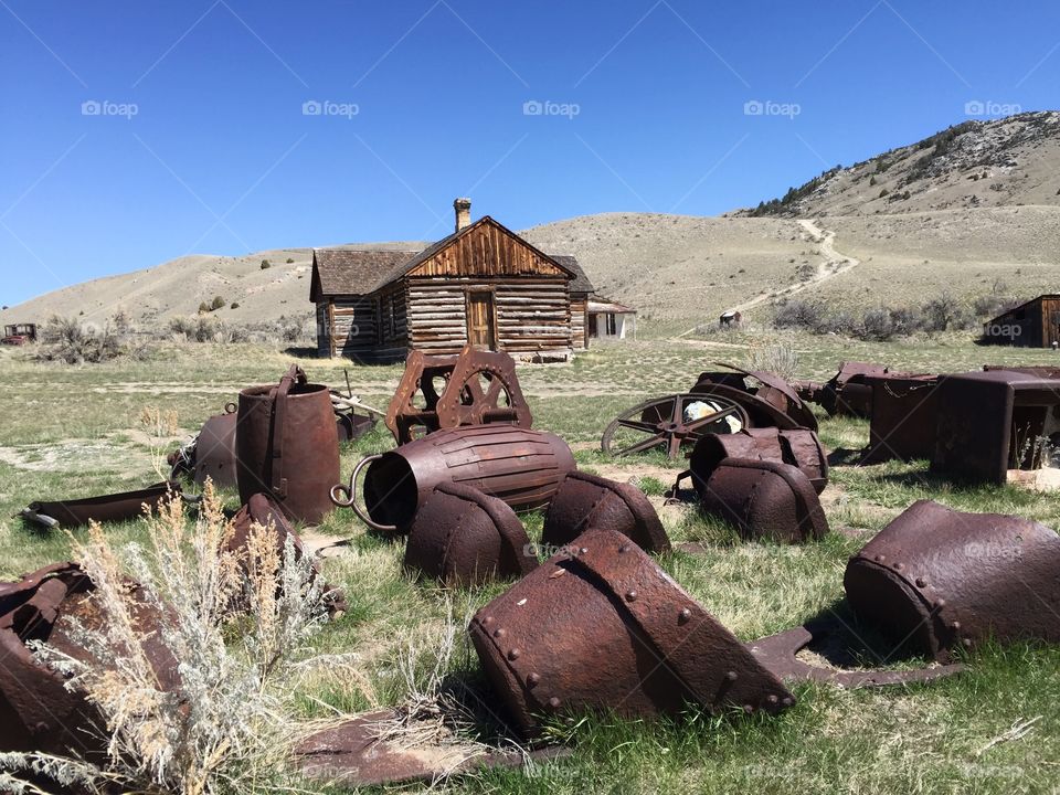 Abandoned mining equipment in the ghost town of Bannock in southwestern Montana   