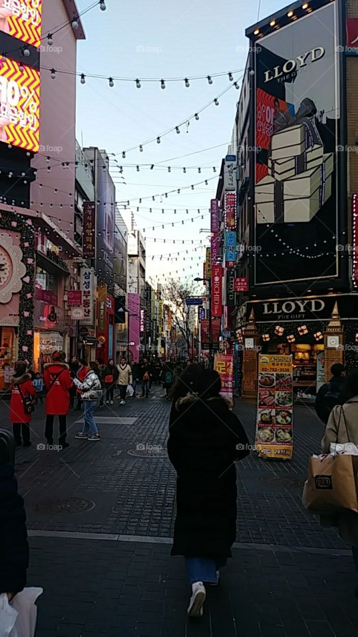 Myeongdong Shopping Street Seoul, South Korea  before rush hour.