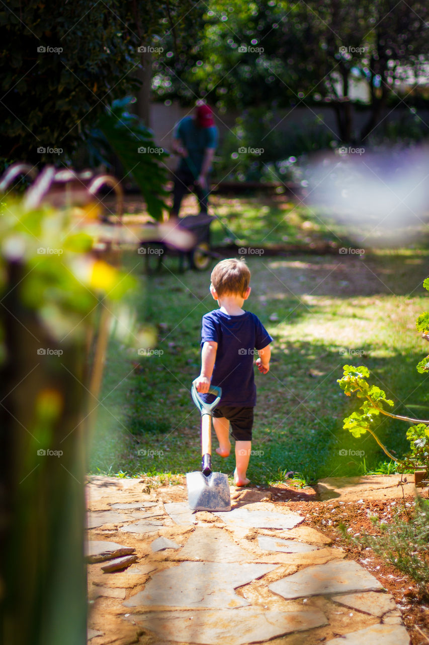 Summer memories - gardening with dad. Image of boy walking with spade to help in the garden