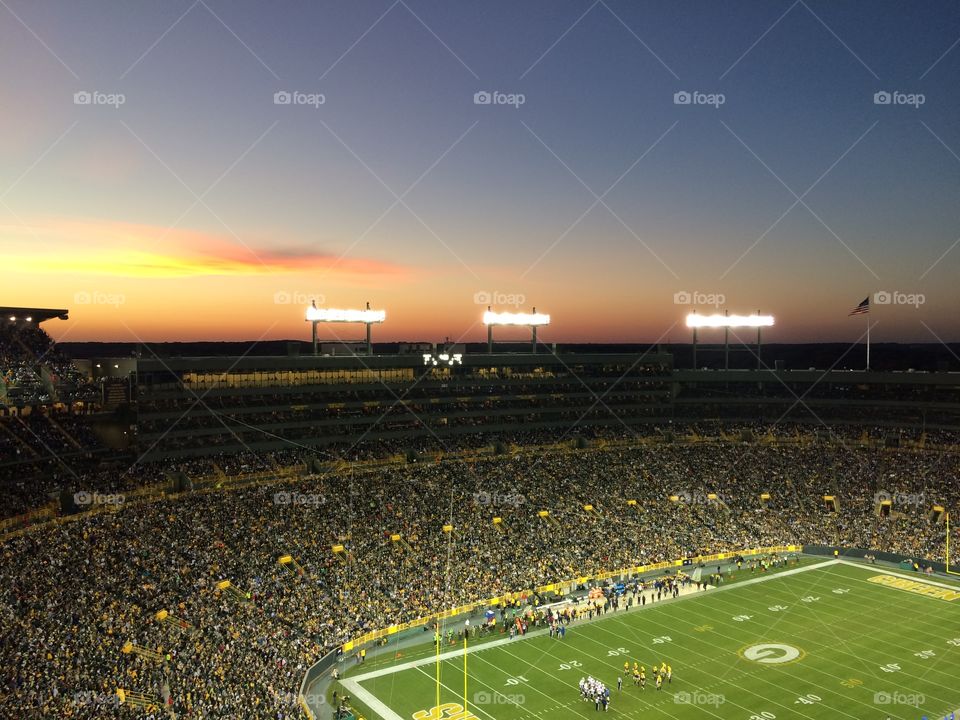 Lambeau Sunset. Sunset over Lambeau field during the Packers vs Chargers game on October 18, 2015
