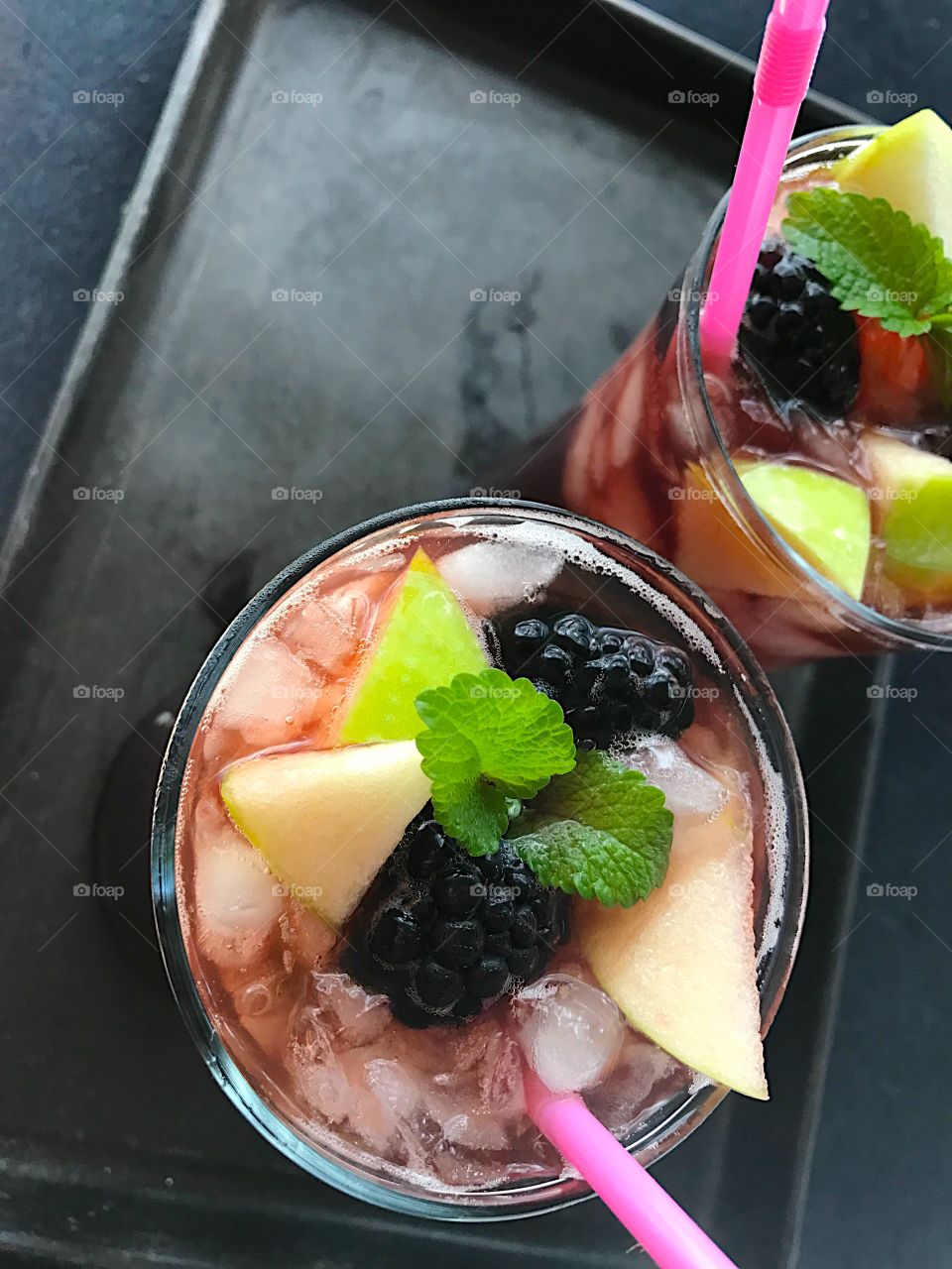 Wine cocktails with fruit and copy space