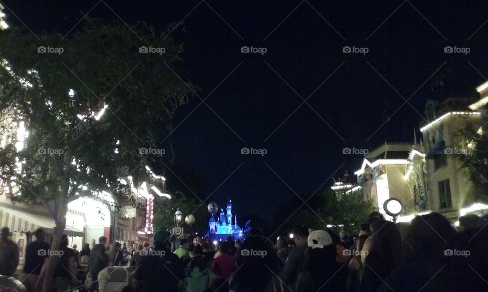 Disneyland's Main Street in Darkness with Blue Castle