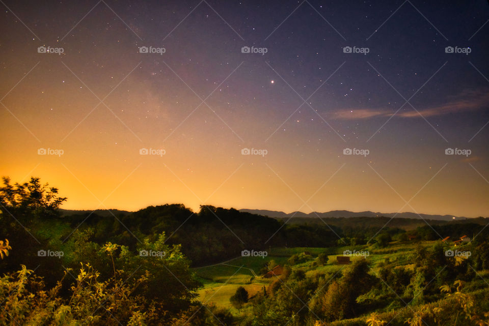 Clear night skies with sunset at Zagorje, Croatia