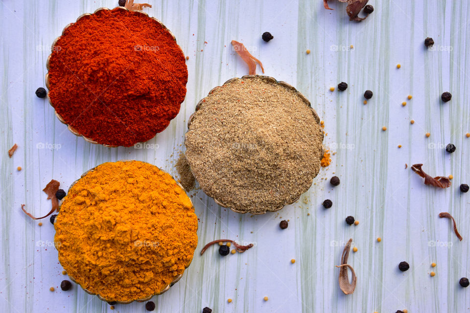 red chilli powder, turmeric powder, coriander powder