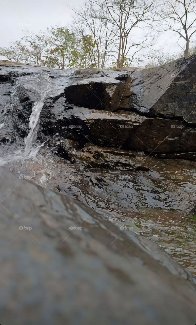 This picture illustrates a peaceful and natural scene. The calm flow of water and the natural setting convey a sense of tranquility and untouched beauty. The overcast sky in the background adds to the serene and soothing atmosphere of the landscape.