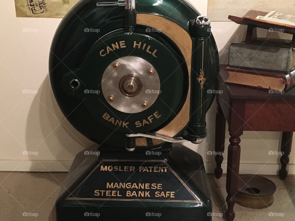 Old  bank safe,must have been redone looks like brand new. Dark green color gold letters.