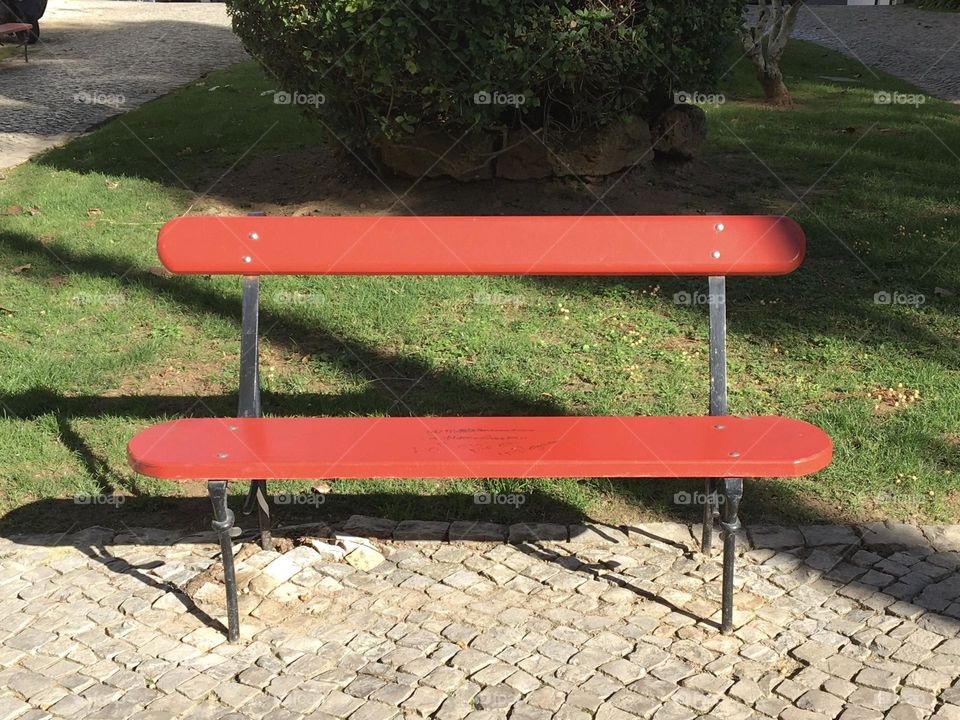 Red sunny bench on green grass