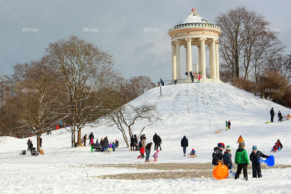 Winter activities of people in Englischer Garten of Munich