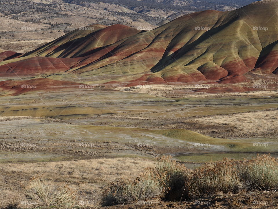 The incredible beauty of the red, gold, and browns of the textured Painted Hills in Eastern Oregon on a bright sunny day.