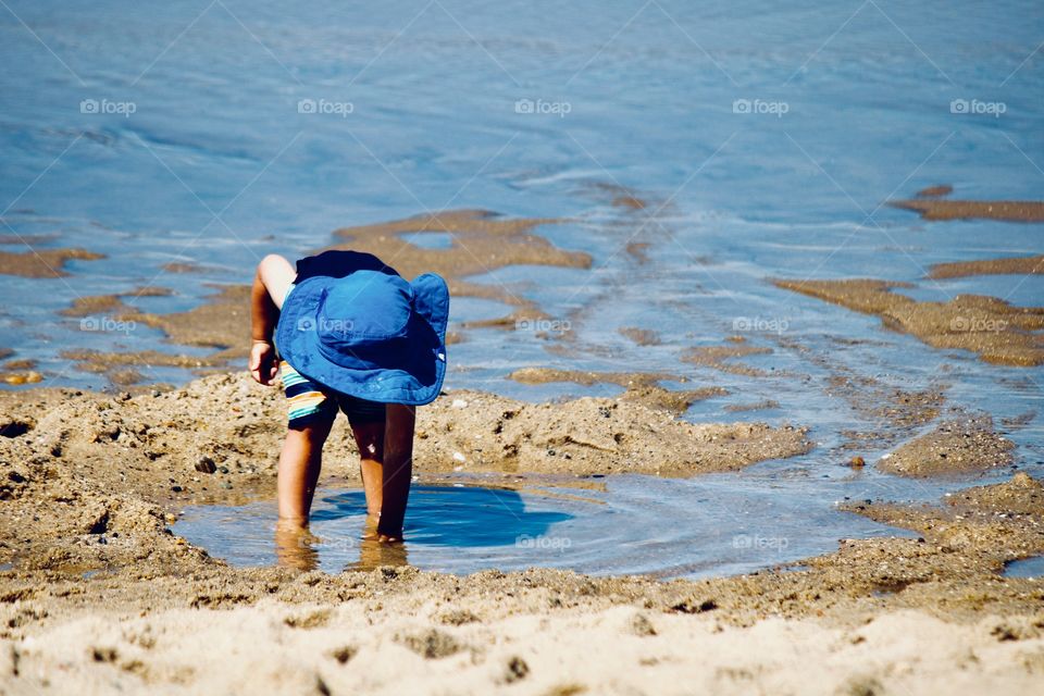 Don playing in the water at the beach, looking for shells and rocks 